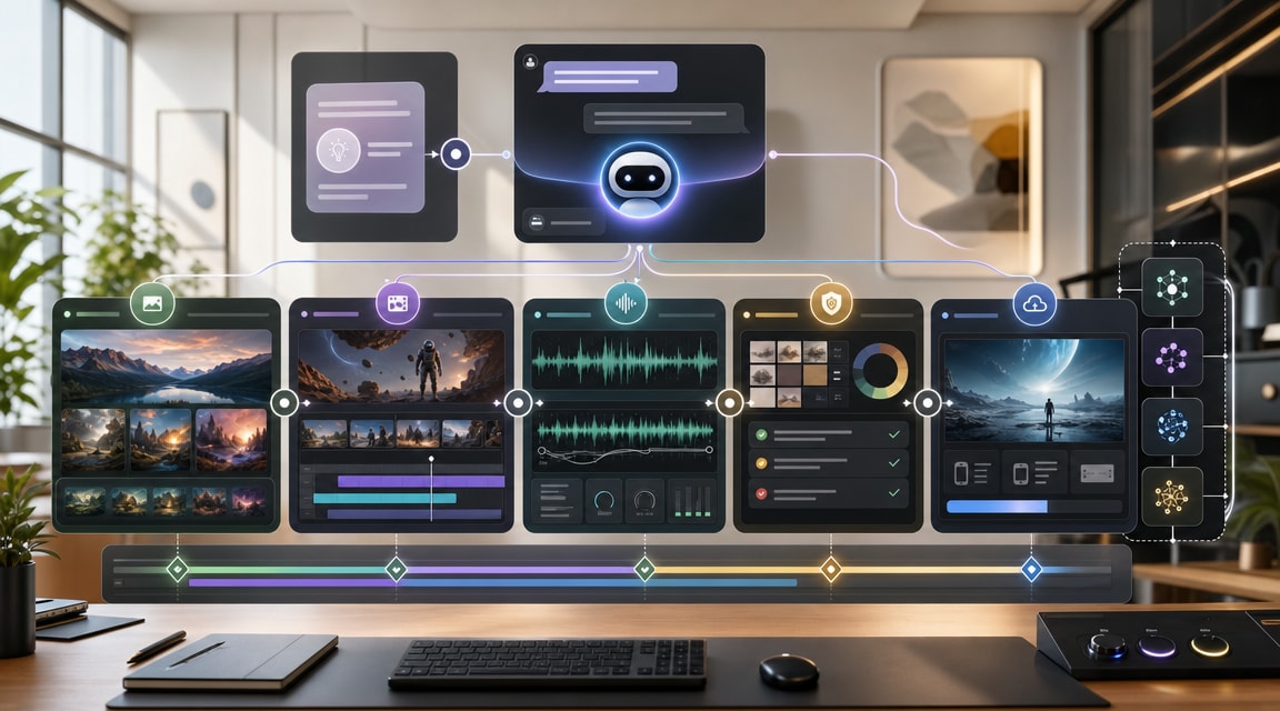 Adobe Firefly AI Assistant creative workflow with conversational routing, image generation, video editing, audio cleanup, review, and export panels
