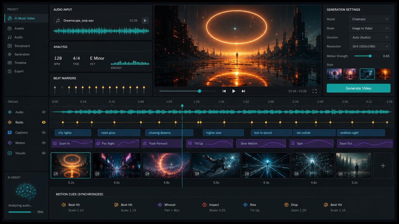 AI music video generator from audio workflow with waveform timeline, beat markers, storyboard panels, and synchronized video clips