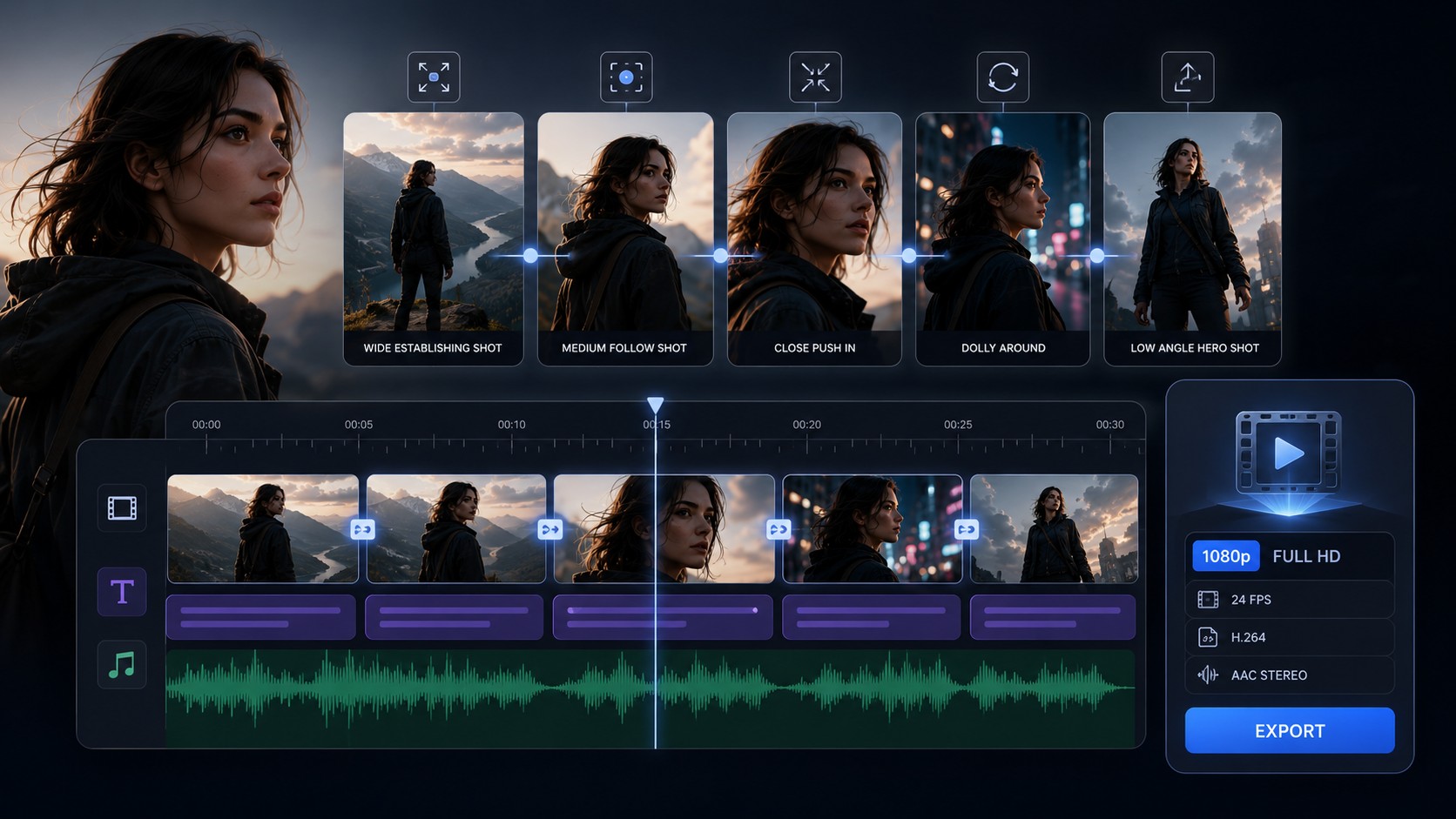 BACH AI video engine workflow with multi-shot timeline, consistent character frames, camera controls, audio waveform, and 1080p export