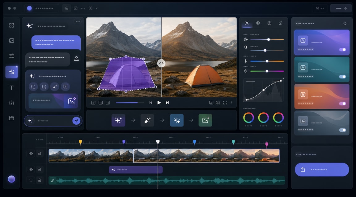 Buzzy AI Video Photoshop workflow with chat editor, video timeline, object replacement panels, lighting fixes, and creator review previews