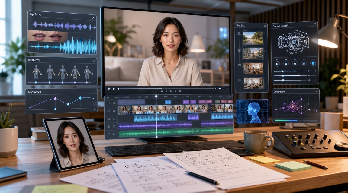 CraftStory AI video generator workflow with portrait reference, script, timeline, lip-sync audio, and long-form image-to-video editing panels