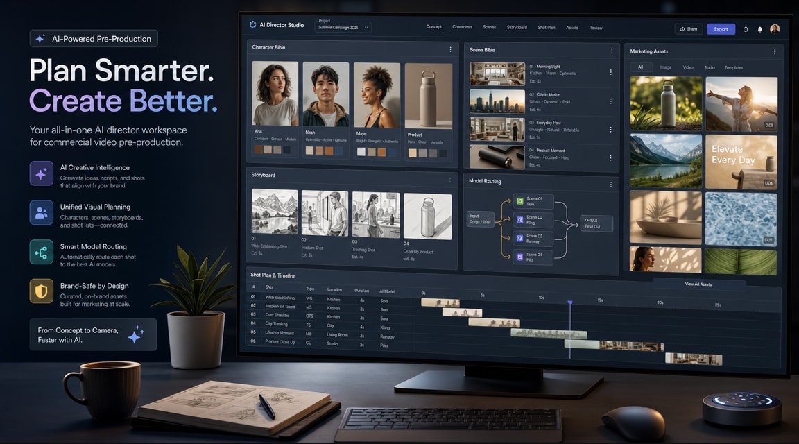 CrePal TVC Mode AI commercial video workflow with character bibles, scene plans, shot timeline, and storyboard panels