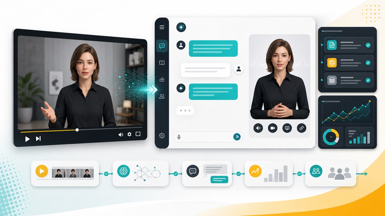 D-ID Agentic Videos workflow with interactive AI video player, visual agent, chat interface, and analytics panels