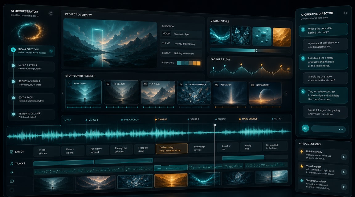 Google Flow Music AI video generator workflow with song timeline, lyric sections, Gemini Omni scene cards, and shareable music video planning