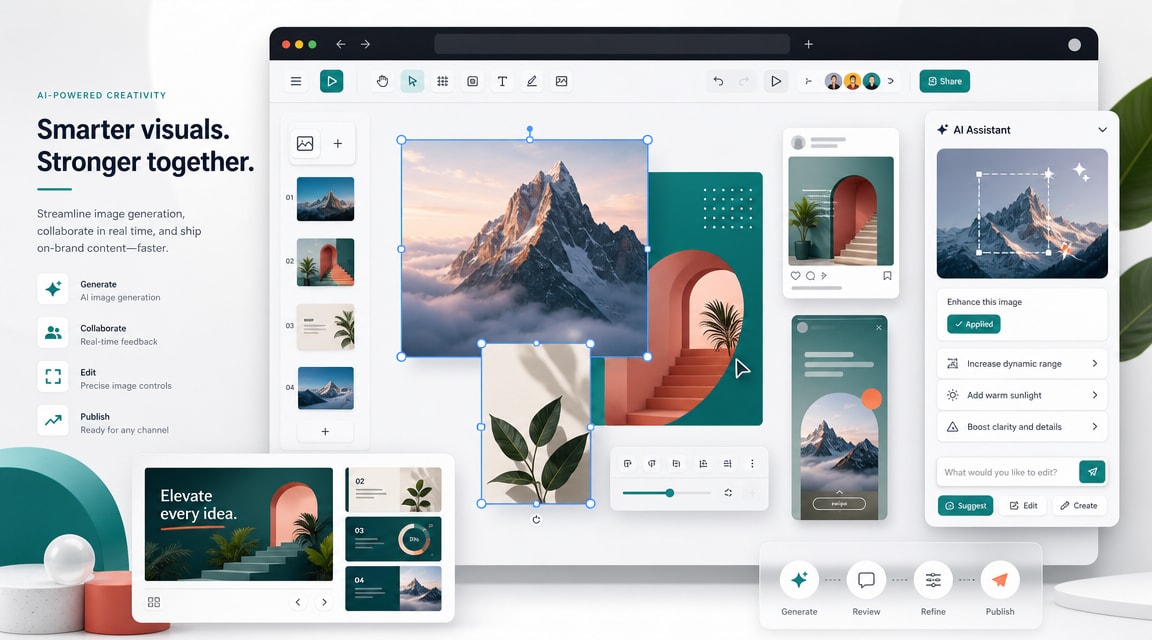 Google Pics AI image generator workflow with Workspace design cards, precise image editing controls, and social content mockups