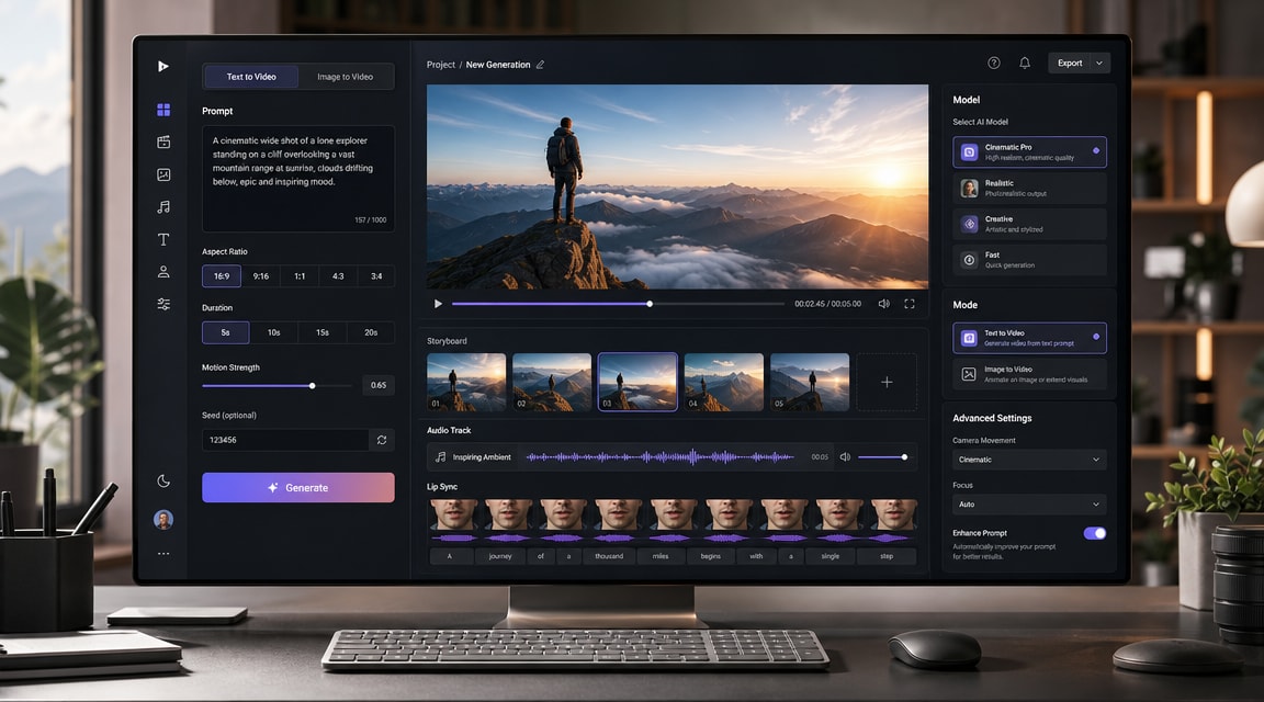 HappyHorse 1.0 AI video generator workflow with text-to-video, image-to-video, and audio timeline controls