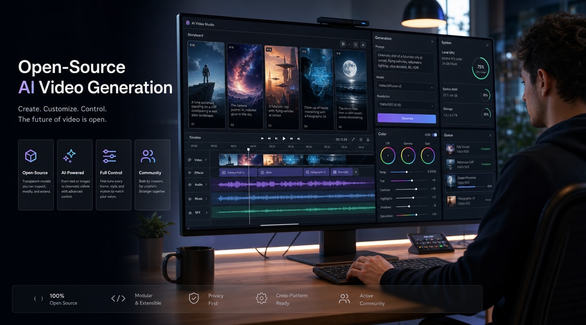 LTX 2.3 AI video generator workflow with portrait storyboard frames, audio waveform timeline, HDR review panels, and local GPU production controls