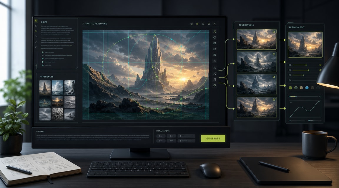 Luma Uni-1 AI image generator workflow with prompt brief, reference images, reasoning grid, and generated image panels