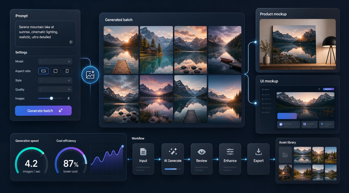 MAI-Image-2-Efficient AI image generator workflow with prompt input, batch image grid, product shots, UI mockups, and speed cost controls