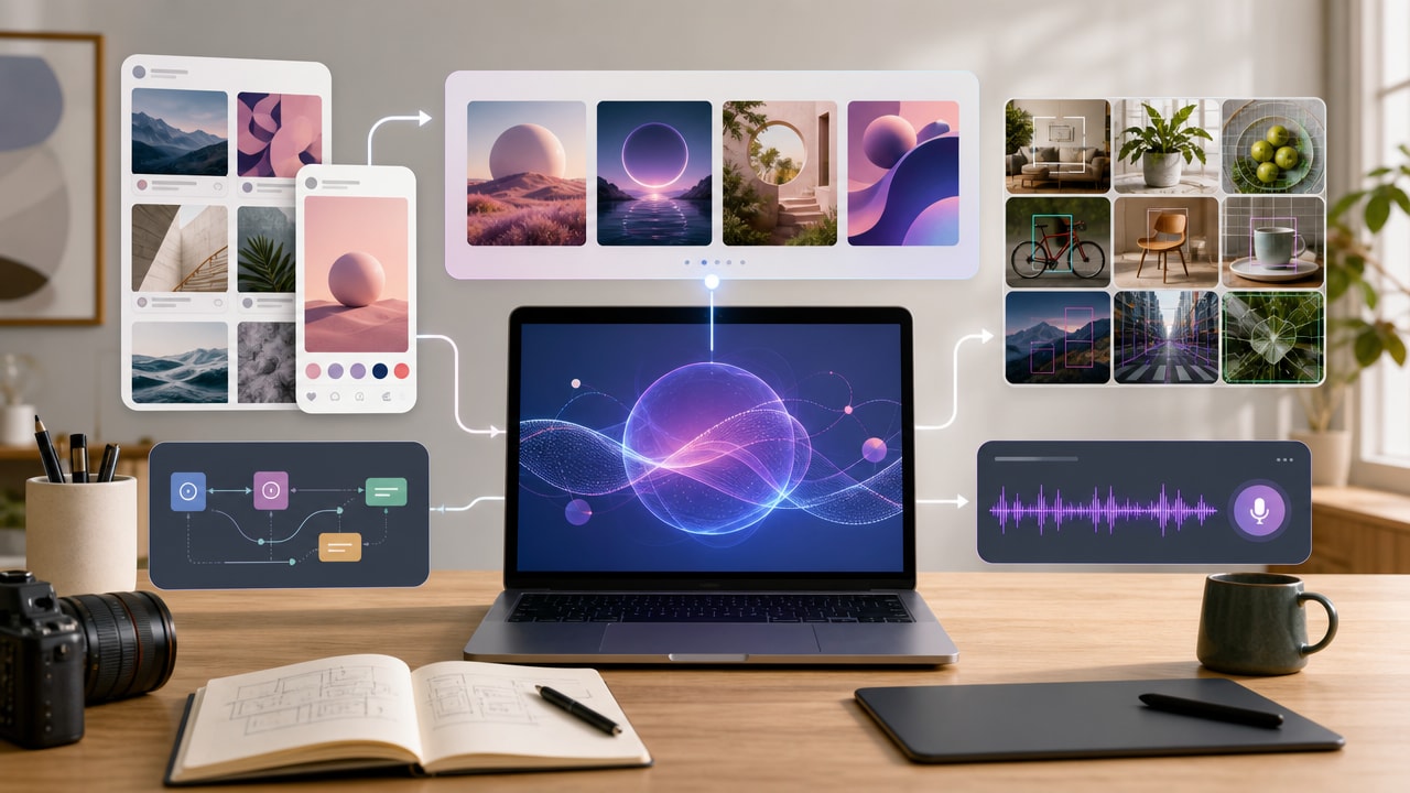 Meta Muse Spark AI creative assistant workflow with image generation cards, camera perception panels, and creator planning tools