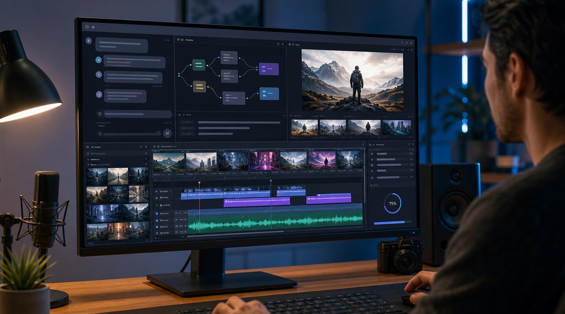 Mobbi AI video agent vibe editing workflow with chat controls, multi-scene timeline, model routing, audio waveform, captions, and export panels
