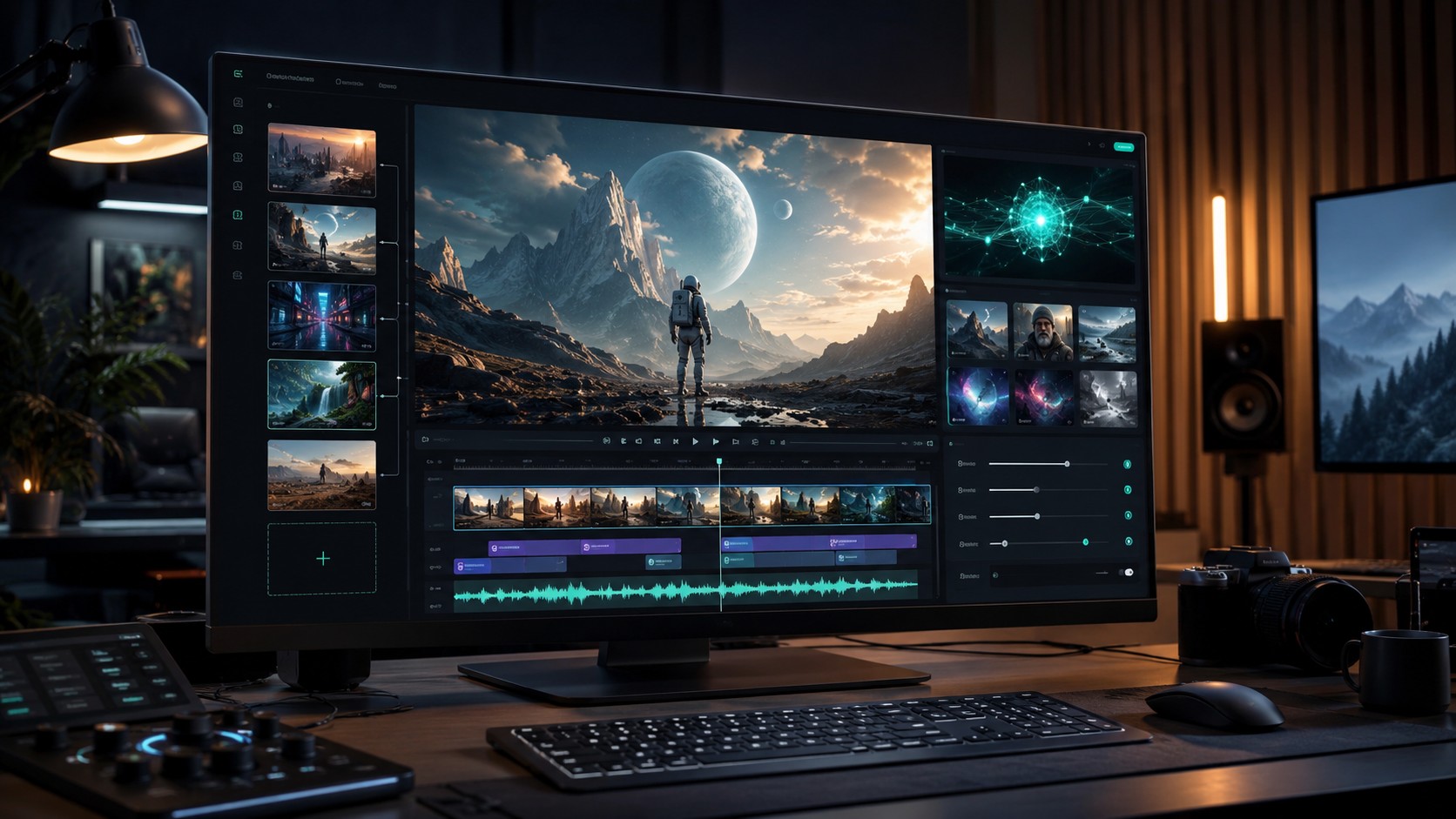 Native 4K AI video generator workflow with Kling 3.0 style model selection, video frames, and audio timeline