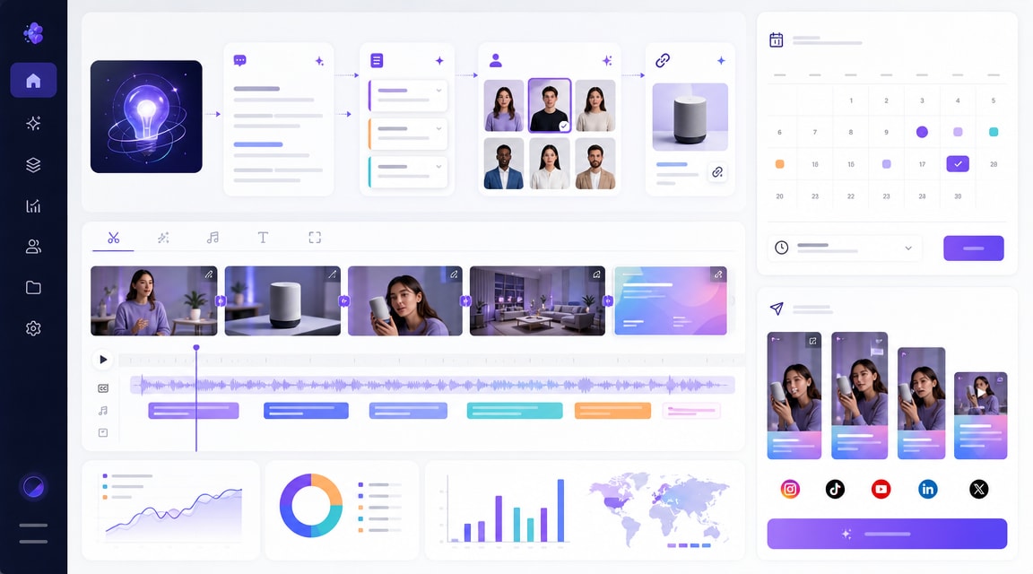 Pippit AI Video Agent workflow with prompt input, product link cards, avatar options, caption timeline, scheduling calendar, and social video exports