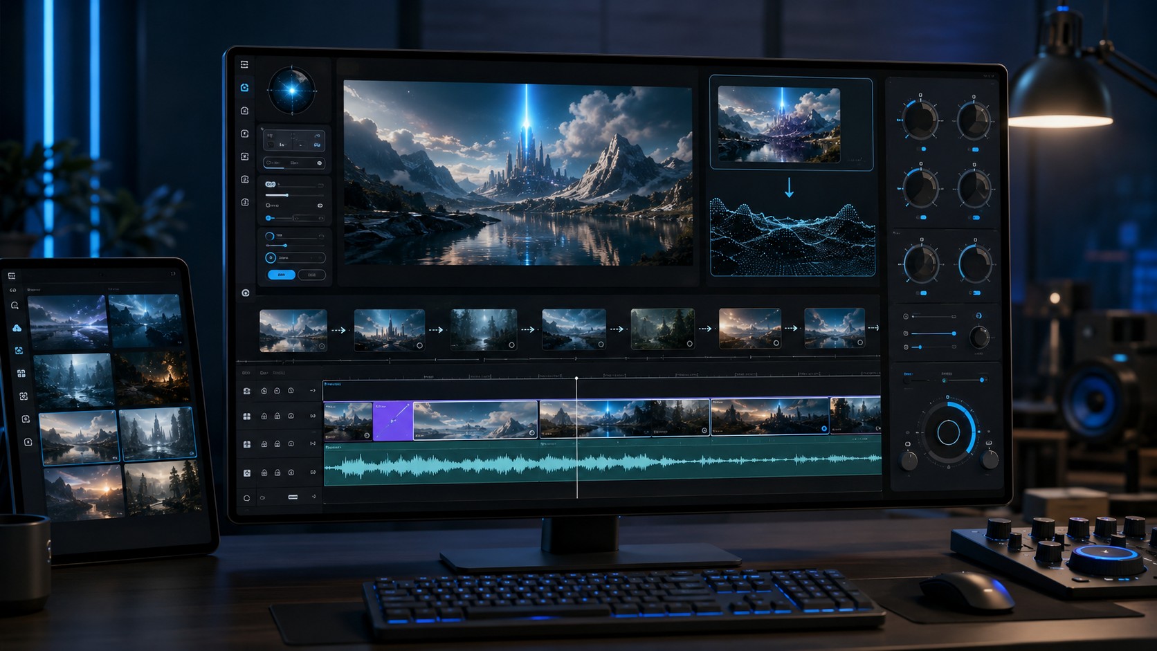 PixVerse V6 AI video generator workflow with multi-shot storyboard, camera controls, image-to-video frame, and audio timeline