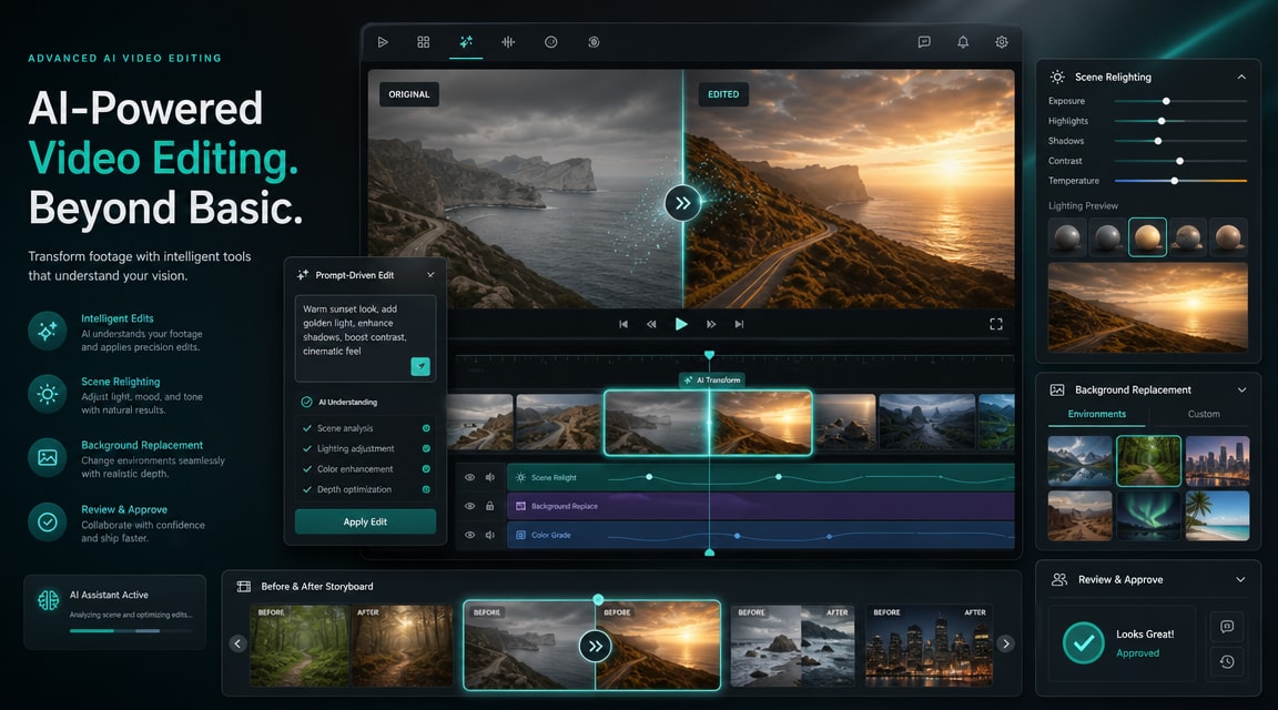 Runway Aleph 2.0 AI video editor workflow with frame edits, timeline controls, before-after storyboard panels, and prompt-based video review