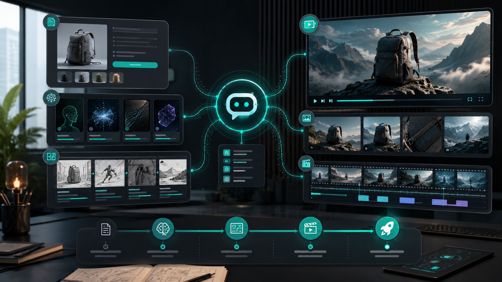 Runway MCP AI video generator workflow with agent chat, model cards, storyboard frames, and marketing video review timeline