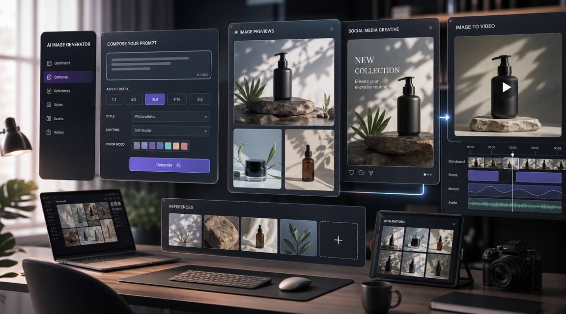 Seedream 5.0 Lite AI image generator workflow with prompt panel, reference images, high-resolution previews, and image-to-video timeline