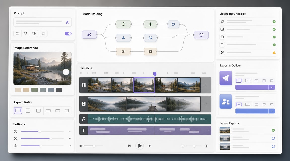 Shutterstock AI video generator workflow with prompt controls, image reference, model routing, licensing checklist, video timeline, and export panels