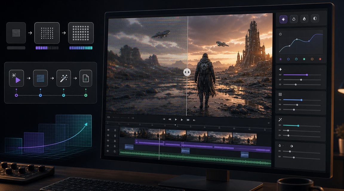Topaz AI video upscaler workflow with before and after AI video frames, HDR enhancement controls, timeline review, and export checklist
