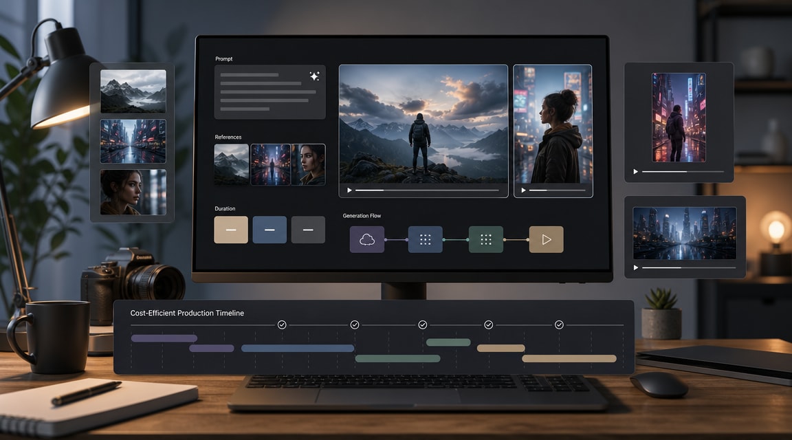 Veo 3.1 Lite AI video generator workflow with prompt cards, image references, duration choices, and cost-efficient video timeline