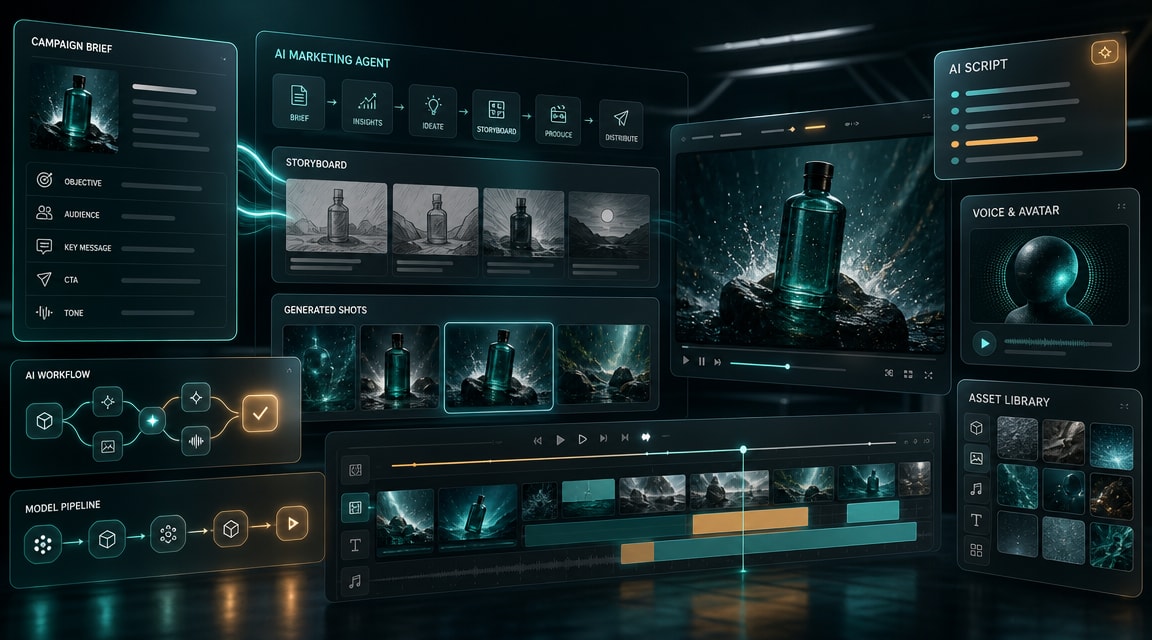 Vidu Claw AI marketing agent workflow with campaign brief, storyboard panels, video ad timeline, script cards, and all-in-one creator planning dashboard