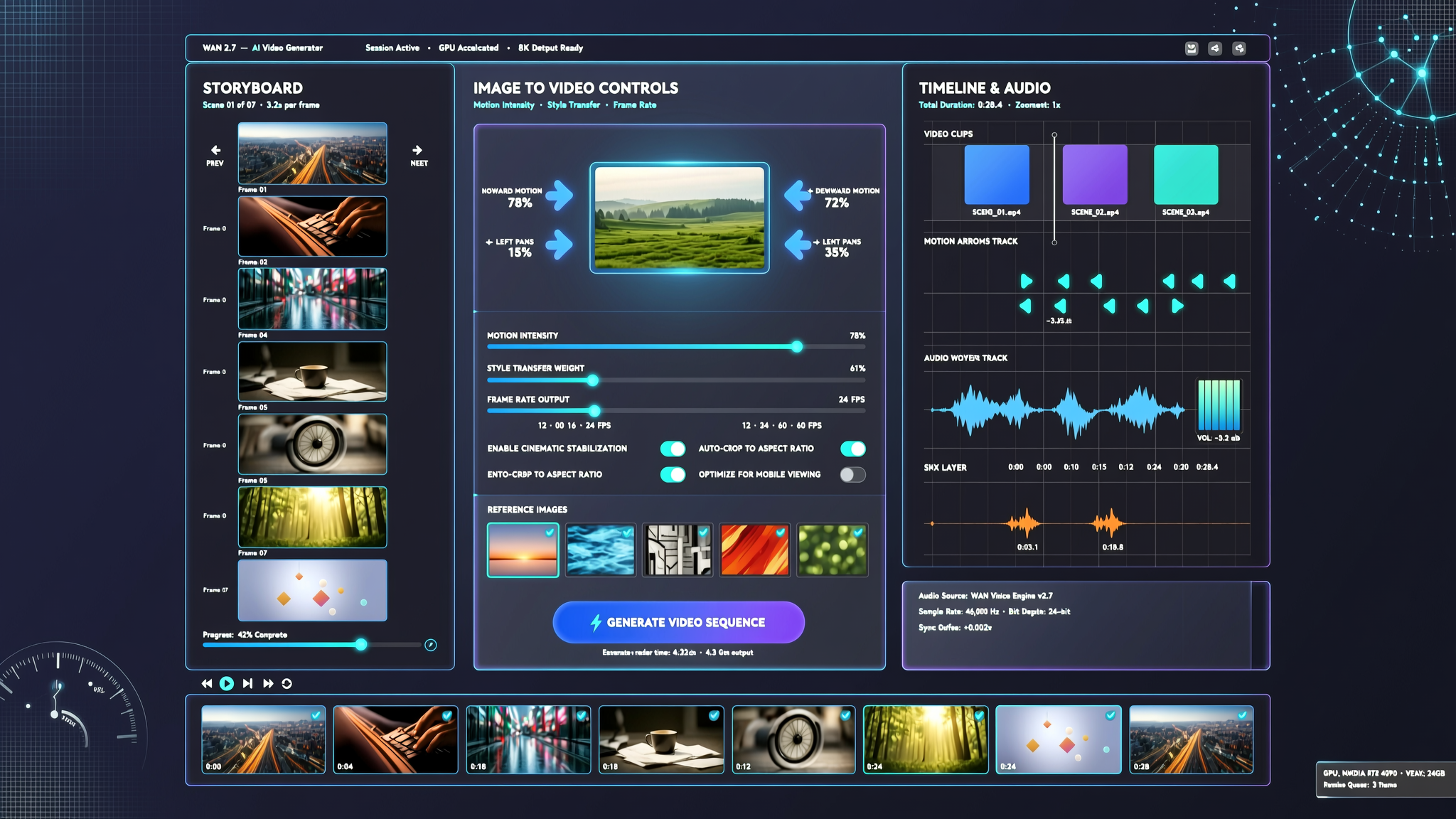 Wan 2.7 AI video generator workflow with storyboard frames, image-to-video controls, reference assets, timeline, and audio waveform