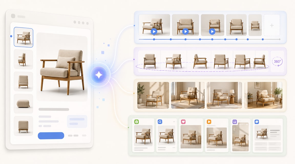 WizCommerce AI Video Generator product photo to ecommerce video workflow illustration