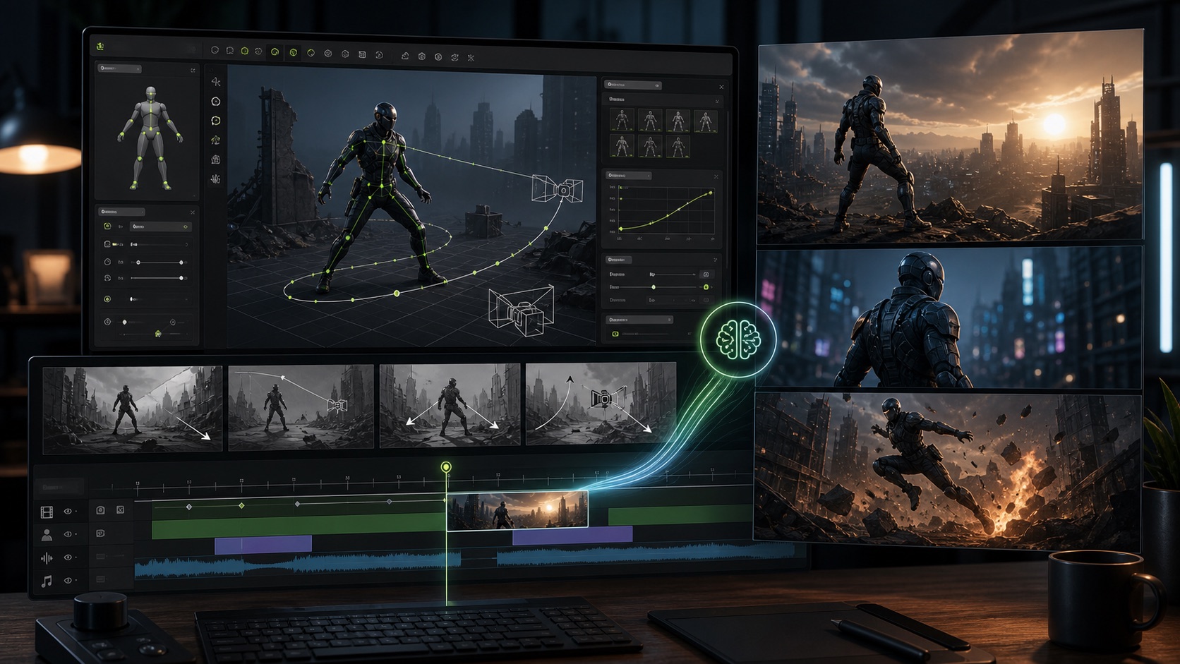 OmniHuman 1.5 digital human video workflow with avatar performance frames, audio waveform, prompt controls, and Makefun-style production timeline