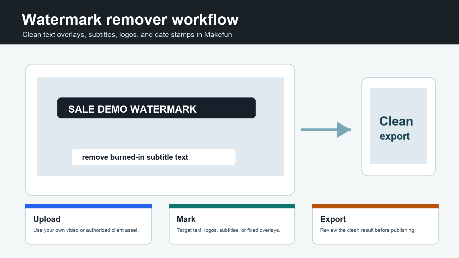 Makefun watermark remover workflow for cleaning video text logos subtitles and overlays